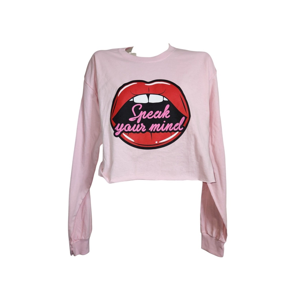 Cold Crush Pink Speak‎ Your Mind Lips Graphic Cropped Long Sleeve Tee Large